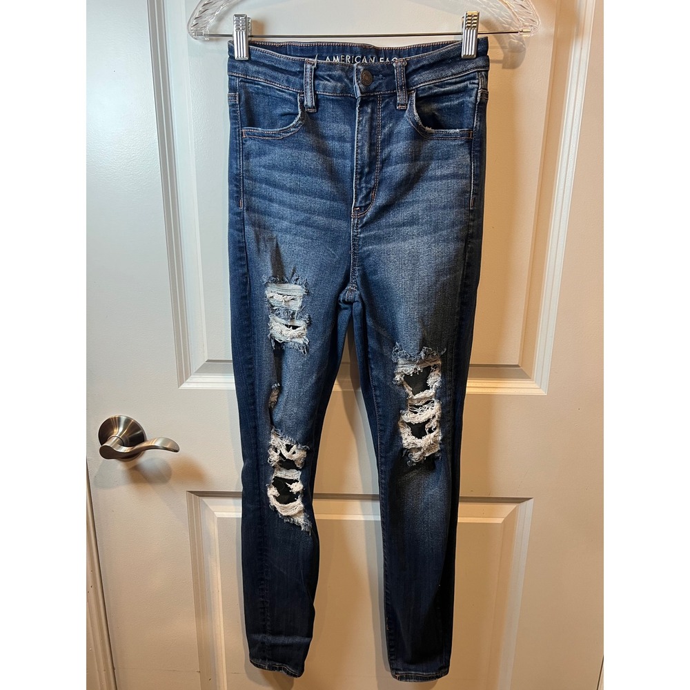 American Eagle Womens Skinny Jeans Heavy Distressed Dark Wash 4 Short